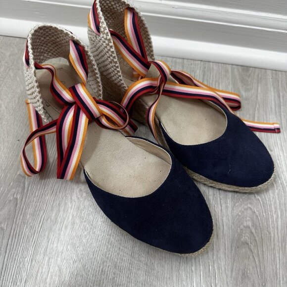 BODEN Cassie Navy Suede Wedge Espadrille Sandals Sz 38 Multistripe Ribbons Boho - Picture 2 of 10